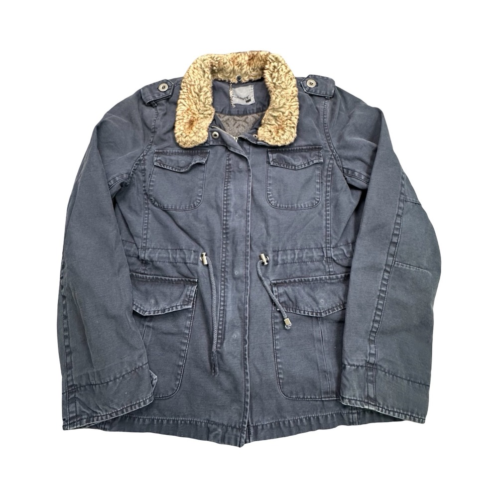 Levis Jacket Womens L Blue Utility Field Parka Faux Fur Collar Cotton Cargo Coat